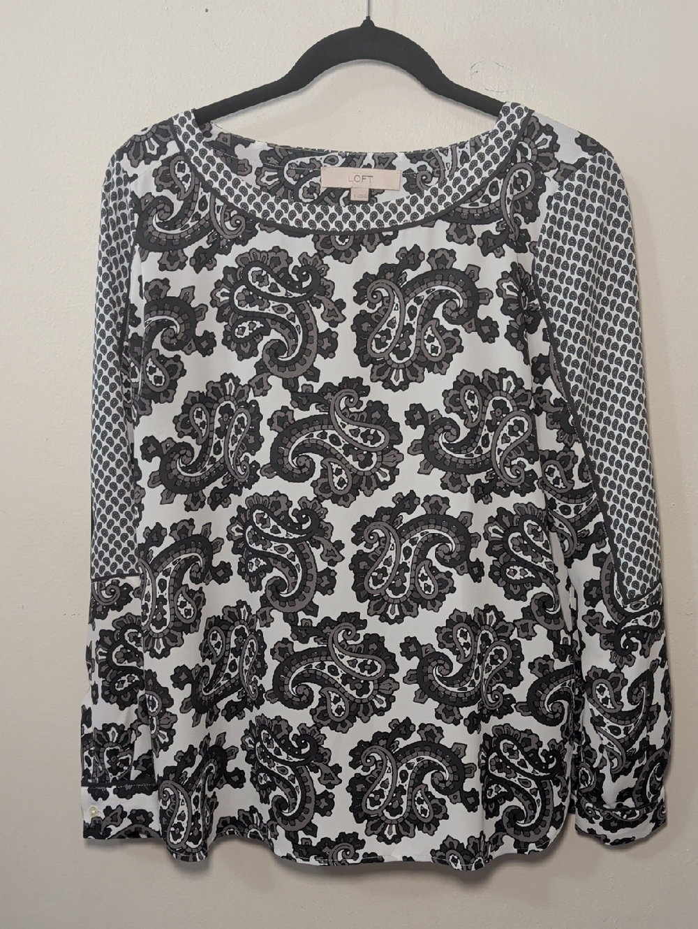 Loft Black & White Paisley Long Sleeve Blouse Office Business Women's Size S